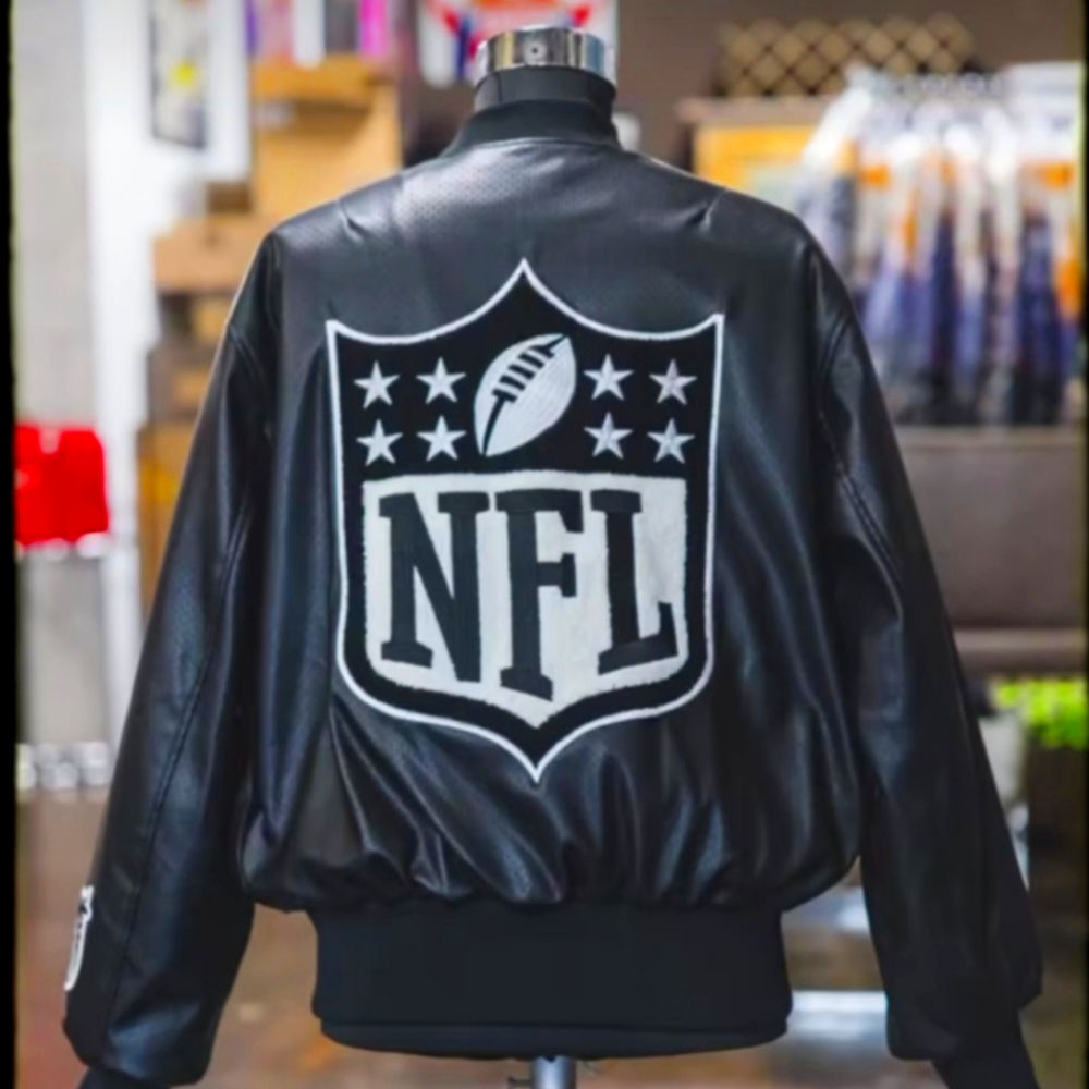 JEFF HAMILTON Black Out Leather Bomber Jacket DETROIT LIONS Fully Reversible M